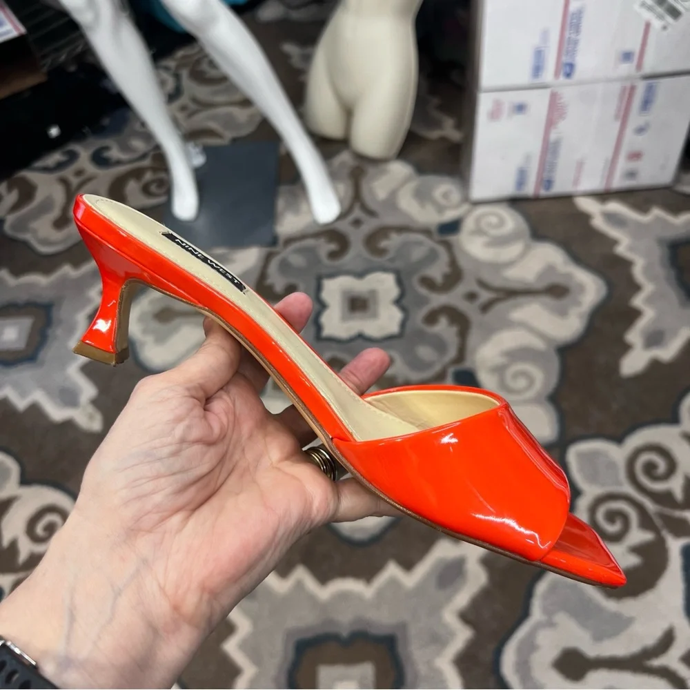 Nine West Indra Orange Patent Slide Kitten Heel Sandals Size‎ 9